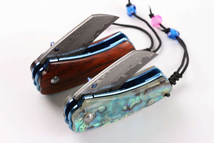 Damascus Little brother wood and abalone handle material folding pcoket knife UD404942